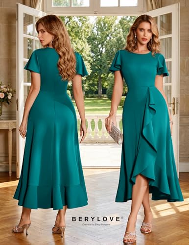 Image of BeryLove Women Formal Party Dress Flutter Short Sleeve Wedding Cocktail Long Evening Dress