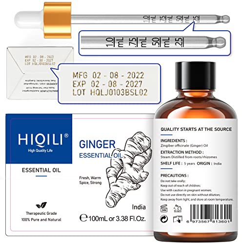 Hiqili Pure Ginger Essential Oil For Lymphatic Drainage Massage, Swelling Pain, Skin, Hair, Diffuser,Large Bottle With Dropper & Gift Box-100Ml #TOP5