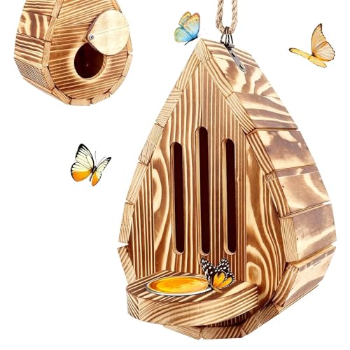 Butterfly House Wooden Habitat With Feeder Butterfly House For Garden Wooden Butterflies-Teardrop-Shaped Butterflies Habitat & Feeder With Rope For Garden Decor