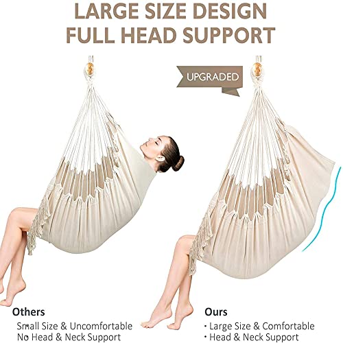 Klhamky Hammock Chair Swing With Hanging Hardware Kit- Beige, Cotton Canvas, Include & Two Seat Cushions, For Bedroom Indoor Outdoor, Max. Weight 330 Lbs (Beige, 59'' X 47'') #TOP3