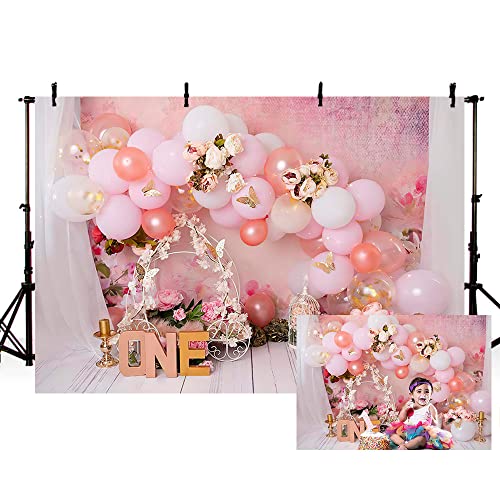 MEHOFOND 2,1 x 1,5 m Rosa Mädchen 1. Geburtstag Hintergrund Neugeborenen Fotografie Requisiten Luftballons Blume Party Portrait Dekoration Kuchen Smash Blumen Vogelkäfig Fotostudio Booth Supplies