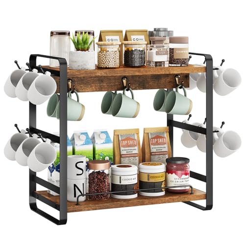 IBUYKE Coffee Bar Station Countertop Organizer,2 Tier Kitchen Mug Cup Holder Stand,Wooden Coffee Mug Organizer with 14 Hooks,Multifunctional Mug Tree for Home Kitchen, Office,Vintage Brown TBJ006H