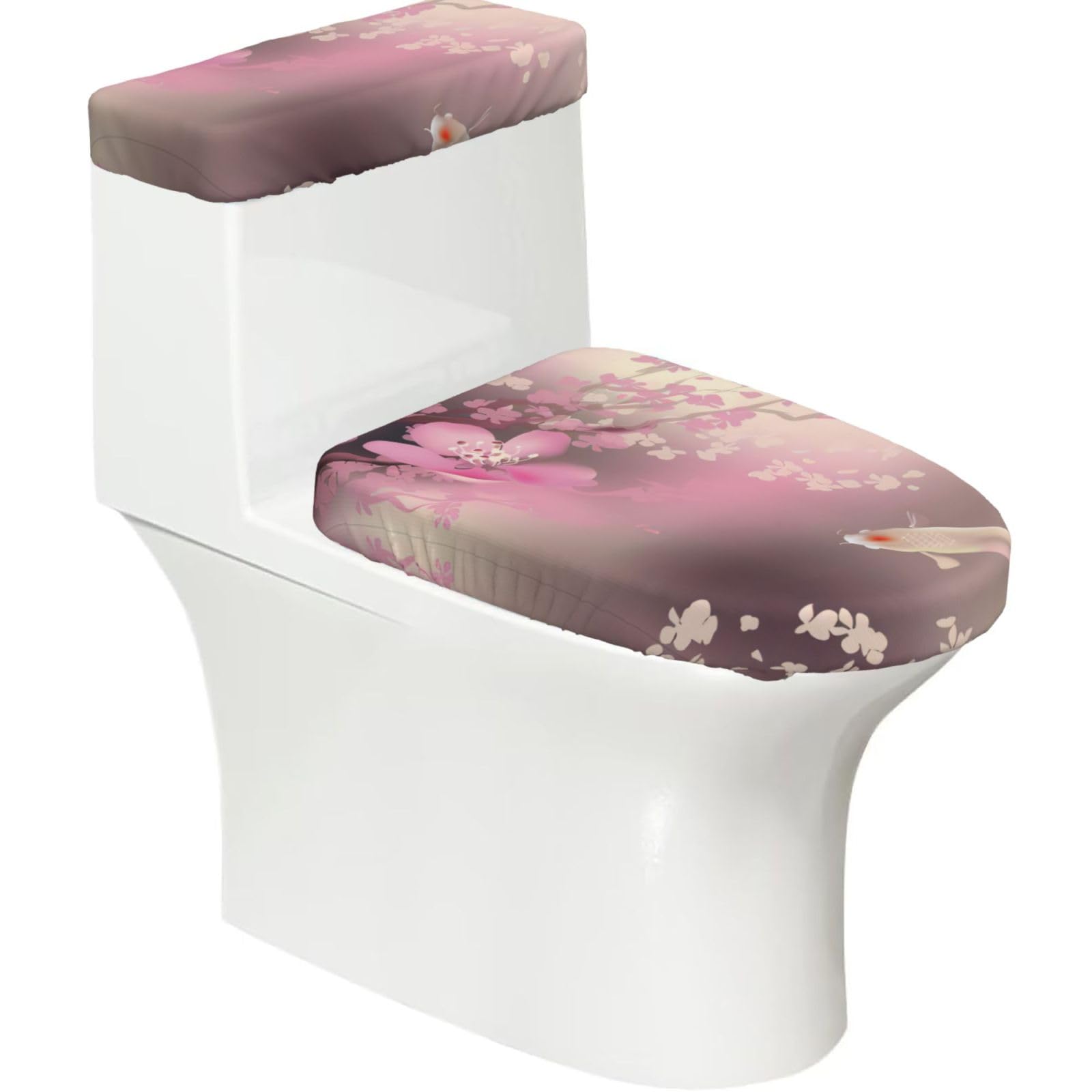 Pink Cherry Blossom Red carp 2-Piece Toilet Seat Cover Set with Tank Lid - Elastic for U-Shape & Elongated - Bathroom Decor