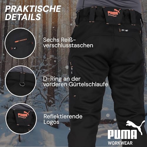 PUMA Workwear ProOne Alpine gefütterte Hosen Herren - Outdoor Hosen für Herren - Winddicht & Wasserabweisende Softshellhose - Elastische Arbeitshose Wanderhose Herren Winter - Schwarz-Orange - L