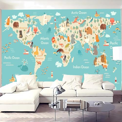 SIJIFACAI Grande carte du monde de dessin animé 3D pour enfants, papier peint autocollant amovible à décoller et à coller