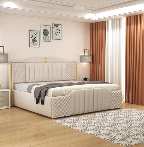 Image of Modern Upholstered King Size Bed with Storage | Double Bed with Box Storage & Upholstery Premium Fabric Headboard | Platform Bed for Bedroom & Hotel | Sheesham Wood, White, 6.5 x 6 Ft