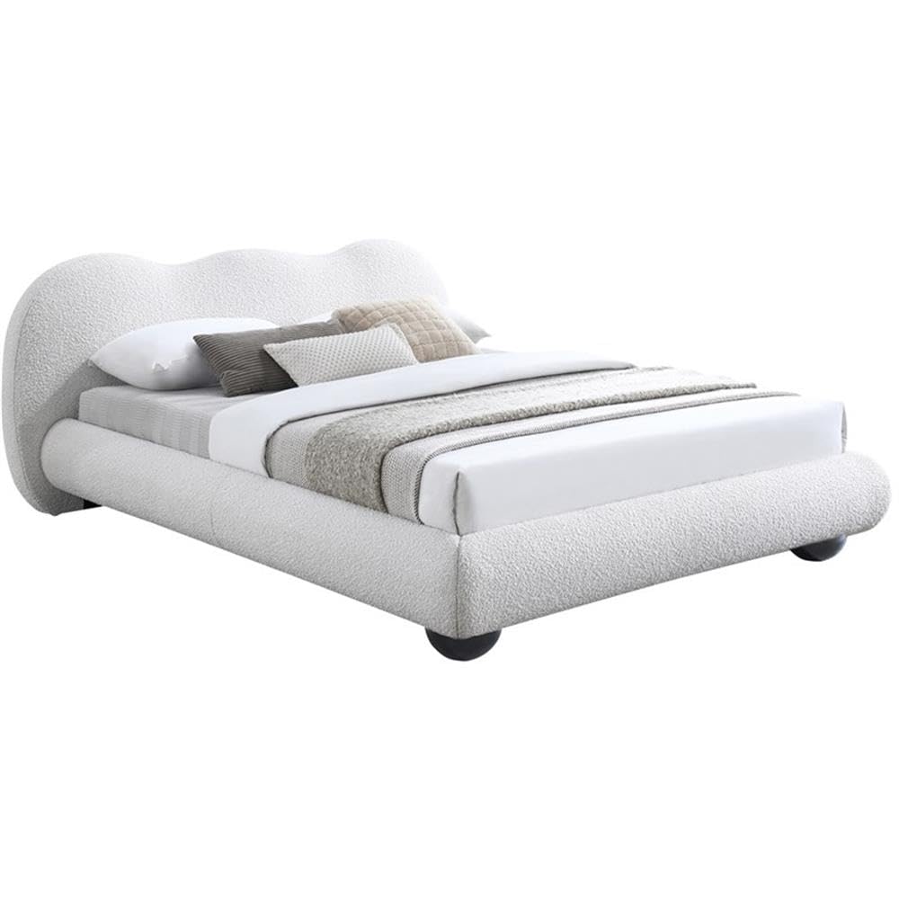 MAKLAINE Contemporary Boucle Fabric King Bed in Cream Finish