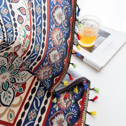 Image of Multicolor Medallion Curtains 96 Inches Long, Boho Farmhouse Light Filtering Rod Pocket Drapes with Tassel Trim for Bedroom Living Room, 2 Panels