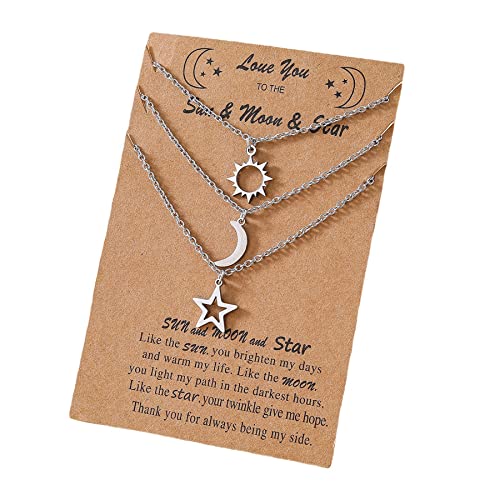 Image of COLORFUL BLING Stainless Steel Sun and Moon Star Necklace 3 Best Friend Friendship Sister Set for Women Mom Daughter BFF Jewelry Gifts