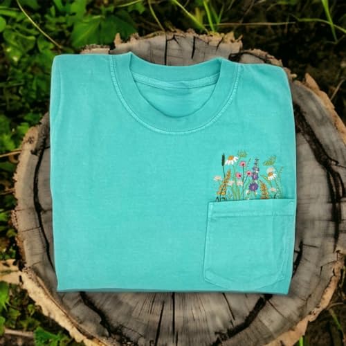Embroidered crewneck wildflower pocket Tshirt, Hoodie, Sweatshirt, Embroidered flower shirt, Spring clothing, Floral pocket tee3