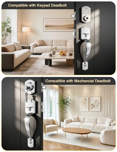 Image of Tinewa Bright Chrome Front Door Handle,Upgated Entry Door Handle with Accent Wave Door Lever,Single Cylinder Front Door Handleset for Home Security