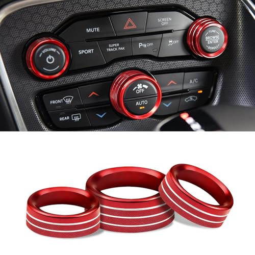 Kutyun 3Pcs Air Conditioner Switch Button Knob Cover, Climate Control Knob Covers, Aluminum Alloy A/C Decal Trim Rings, Car Interior Accessories Compatible with Challenger Durango 2015-2022 (Red)