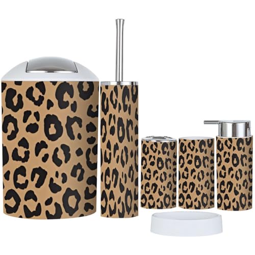 Bathroom Accessory Set 6 Piece Leopard Fur Fashionable Print Modern Panther Animal Toothbrush Holder, Toothbrush Cup, Soap Dispenser, Soap Dish, Toilet Brush Holder, Trash can for Countertop