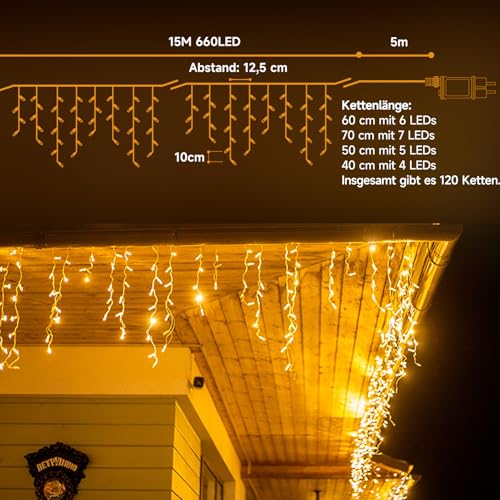 WOWDSGN LED Eisregen Lichterkette Außen, 15M 660LED Eiszapfen mit Timer 8 Modi IP44 wasserdicht Strombetrieben, Lichtervorhang für Weihnachten Dachkante Dachrinne Terrasse Balkon Warmweiß