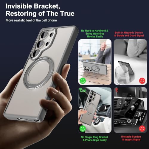 Image of DIZORO TPU Magnetic 360 Ring Stand Case Fit for Samsung Galaxy S24 Ultra Case, Compatible & Wireless Charging,Military Grade Drop Tested,Translucent Hard kick Back Cover (Grey)