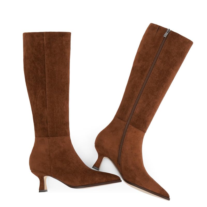 Modatope Knee High Boots Kitten Low Heel Faux Leather Pointed Toe Side Zipper Fall Long Tall Boots for Women3