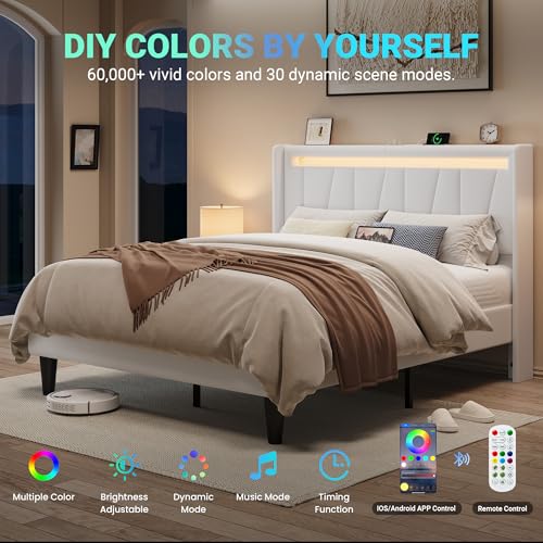 Image of Allewie Full Size LED Bed Frame with Charging Station, Velvet Upholstered Platform Bed with Geometric Wingback Headboard, Modern Frame with No Box Spring Needed, Easy Assembly, White