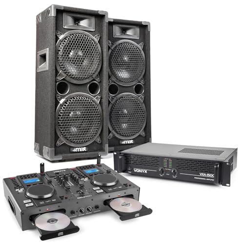 MAX28 Dual 8 DJ PA Speaker System with Amplifier, Mixer, Bluetooth, CD/USB, Full Cables – Complete 1500W Home & Mobile DJ Setup, Bedroom Party Events Kit