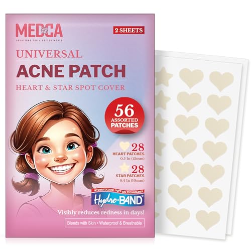 MEDca Acne Patches for Face - Hydrocolloid Bandages (56 Count) Pimple Patches for Face in Hearts & Stars, Acne Spot Treatment Care for Face & Skin Spot Patch Conceals Zits, Acne and Blackheads