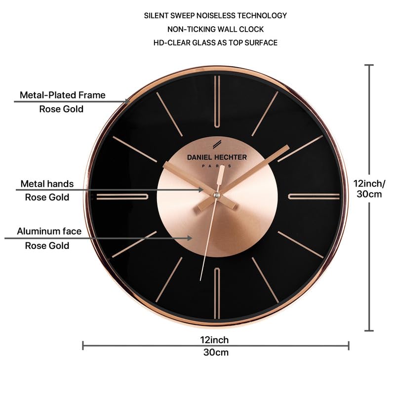 Image of Daniel Hechter Paris Seine Collection Wall Clock, Silent Sweep Non-Ticking,12 inch(30cm) HD Glass Black Dial, Rose Gold Aluminum Face & Metal Frame, Modern Decorative Clock for Home & Office