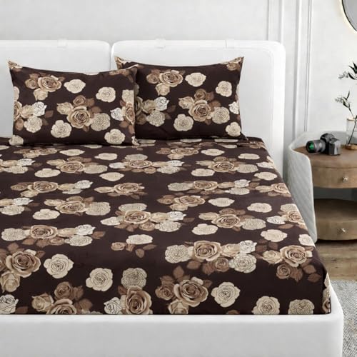 Image of King Size Bedsheet Cotton for Double Bed | Flat - 90x100 Inch, Floral, Soft & Breathable, Fade & Shrink Resistant, 2 Pillow Covers | Cocoa Rose Charm, Chocolate Brown