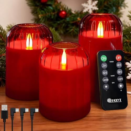 Image of LEDHOLYT Rechargeable Flameless Candle, Flashing LED Pillar Real Wax Candle with Remote Control and Timer, Red Glass Electronic Candles for Room Decoration, 1 Set of 3