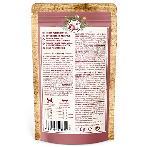 Wildes Land - Nassfutter Pouches - Nr. 5 Rind - 8 x 150 g - mit Süßkartoffeln, Heidelbeeren, Wildkräutern & Distelöl - Glutenfrei - Extra viel Fleisch - Beste Akzeptanz und Verträglichkeit