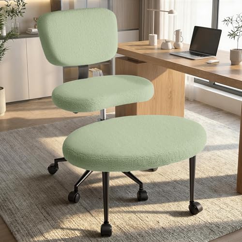 Image of VITESSE Cross-Legged Ergonomic Chair 360 Swivel with Wheels, Adjustable Meditation Seat for ADHD, Lumbar Support, Teddy Fabric Home Office Chair,Green