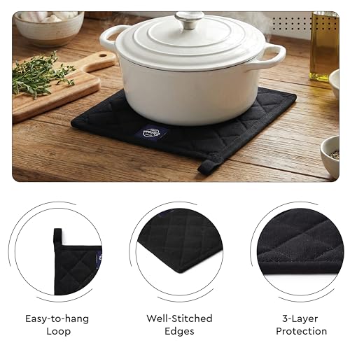 Image of Encasa XO 100% Cotton Apron Set for Women & Men with Adjustable Apron, Oven Gloves & Pot Holder (Pack of 3) Combo, Heat-Resistant, Soft & Durable for Cooking, Baking & Grilling (Full Black)