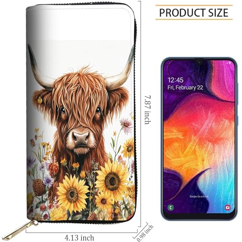 Image of RFID Blocking Leather Wallet for Women - Large Capacity Zip Around Clutch with 8 Card Slots,41 Cash Pockets & Coin Zipper,Sunflower Highland Cattle