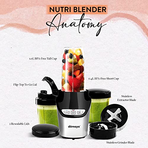 1000W High Power Personal Nutri Blender, Multi-Functional Portable Bullet Blenders For Kitchen, Use As Coffee Grinder, Baby Food Blender, & Shake Maker, With 2 Blades, 1L Tall Blender Cup & 0.4L Small Blender Cup - Domaya #TOP4