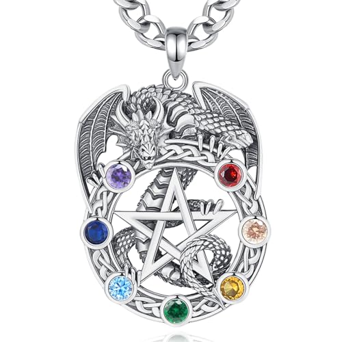 INFUSEU 7 Chakra Dragon Pentagram Necklace for Men Women Fathers Day Sterling Silver 925 Pentacle Jewelry Goth Gothic Pendant Pagan Charm Spiritual Gifts