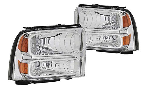 DNA Motoring HL-OH-FSUPER05-CH-AM Chrome Amber Headlights Replacement Compatible with 05-07 F-250   F-350   F-450   F-550 Super Duty
