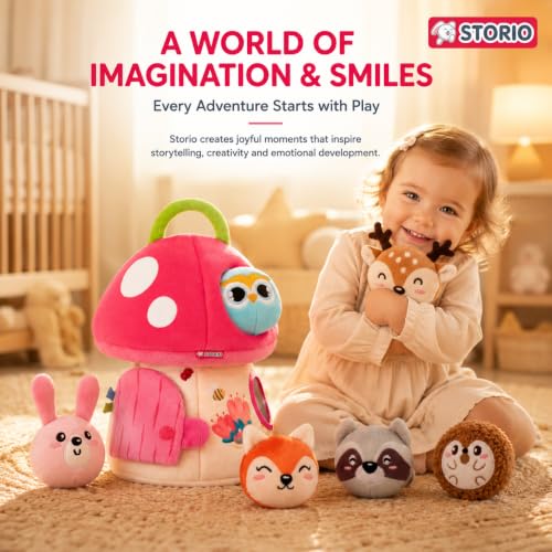Image of Storio Mushroom House Plush Toy Set with 6 Stuffed Animals, Sensory Soft Toys for Babies & Toddlers, Fill and Dump Activity Toy, Travel Carry Case, Learning Toy for Kids 6 Months+