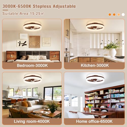 Image of VOLISUN Farmhouse Ceiling Fans with Lights and Remote, 19.7in Low Profile Ceiling Fan Flush Mount, 3000K-6500K Dimmable Bladeless LED Fan Light, Fandelier Ceiling Fans with Lights for Bedroom(Walnut)