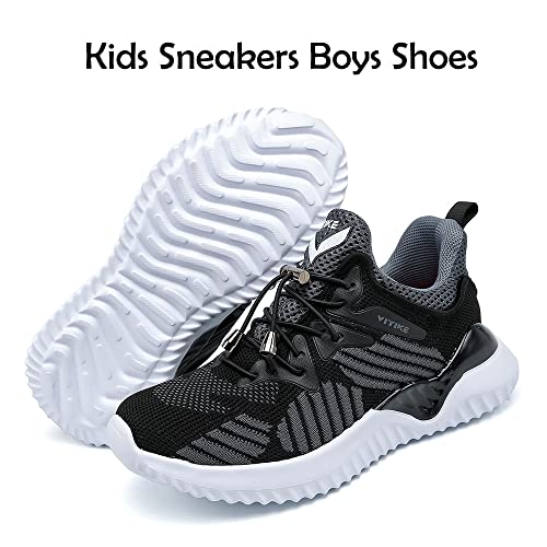 Jmfchi Boys Girls Kids' Sneakers Knitted Mesh Sports Shoes Breathable Lightweight Running Shoes For Kids Fashion Athletic Casual Shoes Black/Grey #TOP5