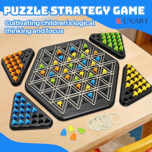 Image of LUXART Chain Triangle Chess Game | Rubber Band Geometry Strategy Board Game for Kids & Adults | 25 x 25 cm Educational Puzzle Toy for 2-4 Players | Includes 84 Pieces & Storage Bag