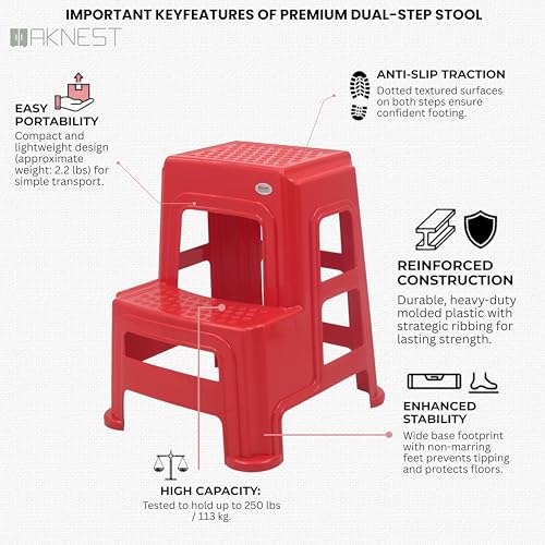 Image of Oaknest Supreme Multipurpose Plastic 2-Step Stool for Kids & Adults - Anti-Slip Lightweight Stepping Stool for Kitchen, Bathroom & Home - Red, 4 Piece