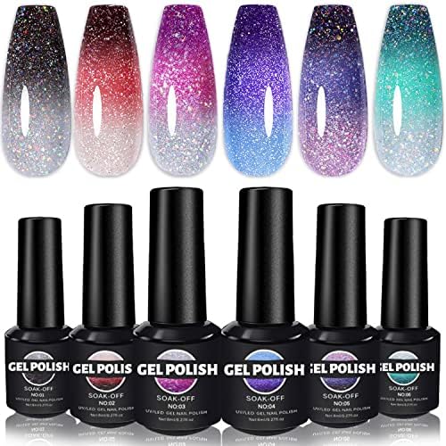 Fannyc Reflective Glitter Color Changing Gel Nail Polish, Mood Temperature Changing Gel Polish Set 8ml