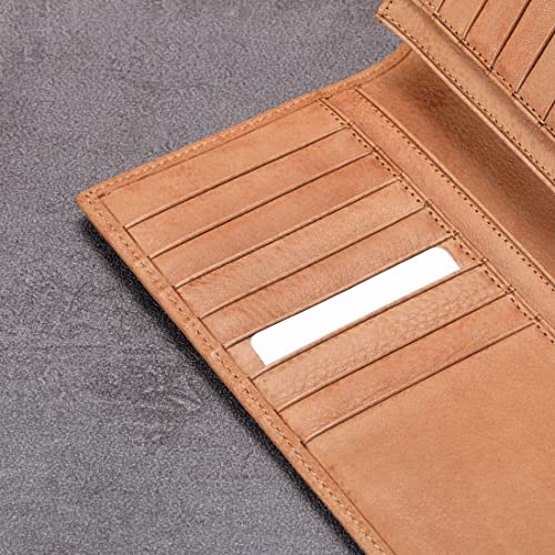 Image of HISCOW Full Grain Leather Men's Long Wallet, 15 Card Slots, Aniline Leather Tan, One Size, Classic | Gusseted bill compartment, tall bifold design, clear ID window, ideal for coat pockets or briefcases, turned-edge, gift box