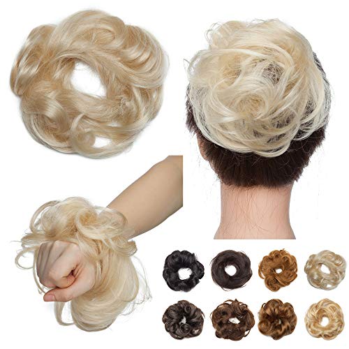 S-noilite Wavy Messy Bun Hair Piece Human Hair Blonde 1PCS Rose Hair Bun Scrunchies for Women Kids Wedding Updo Elegant Chignons Donut Ponytail Hairpiece #60W Platinum Blonde