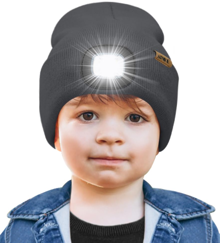 ATNKE Kids LED Lighted Beanie Cap,USB Rechargeable 4 LED Running Headlamp Bright Hat with Light Gifts for Boys and Girls
