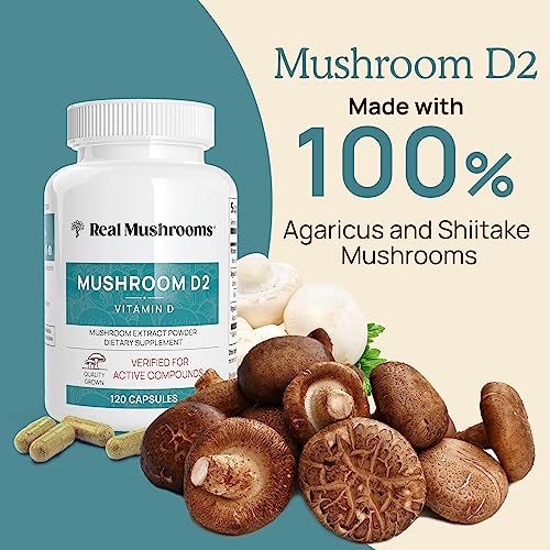 Real Mushrooms Vitamin D2 from Shiitake & Agaricus – Vegan Mushroom-Based D Supplement – Vitamins for Overall Wellness Support– Organic, Non-GMO, 1000 IU – 120 Count Functional Mushroom - Thumbnail 2