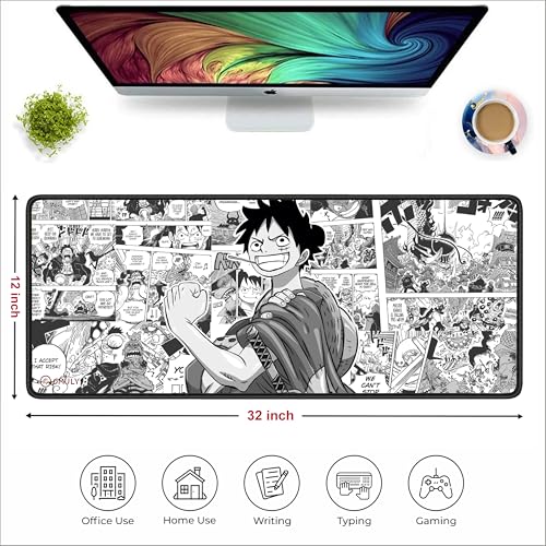 Image of Pirate Anime Mouse Pad 12x32 Inch 3mm Extended Gaming Desk Mat with Anti-Slip Rubber Base Mousepad for Smooth Surface Desk pad for PC & Laptop Use Waterproof & Stiched (Black /White) Deskpad