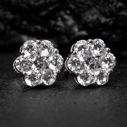 White Gold Plated 925 Sterling Silver Women’s Men’s Iced CZ Round Flower Cluster Hypoallergenic Circle Hip Hop Trendy Fashion Cubic Zirconia Stud Screw Back Earrings4