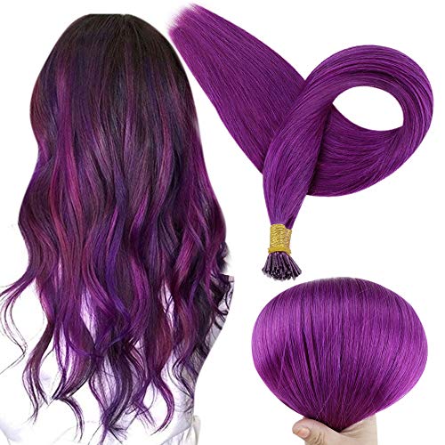 Full Shine I Tip Hair Extensions 16 Inch Real Cheveux Human Pre Bonded Professional Hair Extensions 50 Strand Purple Cold Fusion Hair Tip 0.8 Gram Per Strand 40 Gram Per Package
