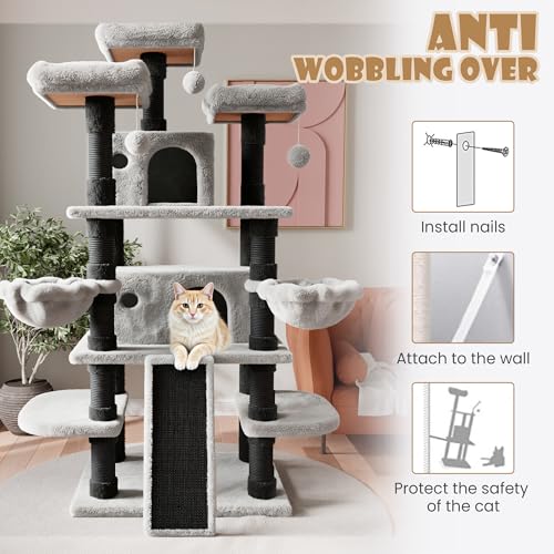 Image of SHA CERLIN 68 Inches Multi-Level Large Cat Tree for Large Kitties /Big Cat Tower with Condo /Cozy Plush Pussycat Perches /Sisal Scratching Posts and Hammocks /Activity Center /Black & Grey