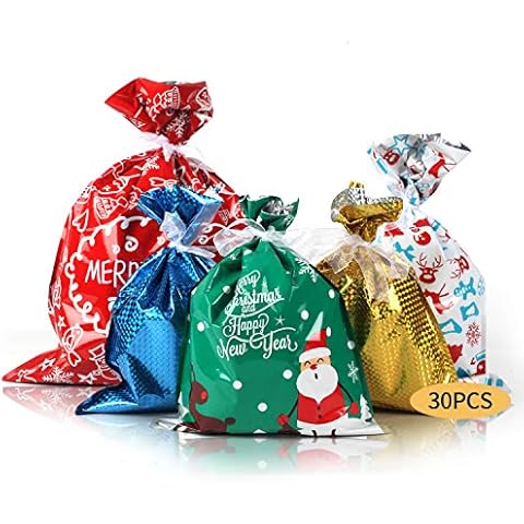 Arnech Christmas Gift Bags, Large Merry Christmas Wrapping Bags Goody Bags and Ribbon Ties for Xmas Present, Santa Holiday Treats Bags Christmas Goodies Bags in Assorted Styles, Xmas Packing Materials Cover