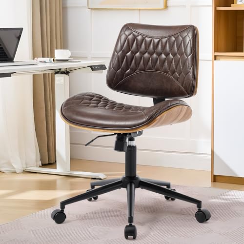KBEJDBS Office Chair No Arms with Wheels, PU Leather Adjustable Height Small Desk Chair, Modern Mid Back Swivel Rolling Armless Computer Task Chair for Home Office, Meeting Room, Study, Dark Brown
