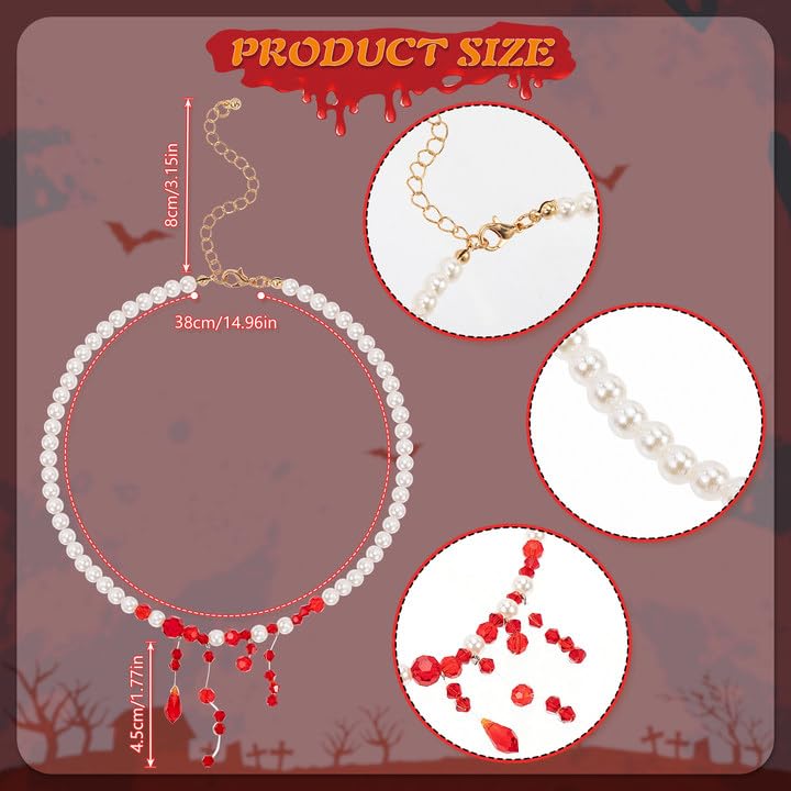 HOWAF Halloween Dripping Blood Necklace, Choker, Pearls Earrings, Headband, Bloody Gloves - Image 4